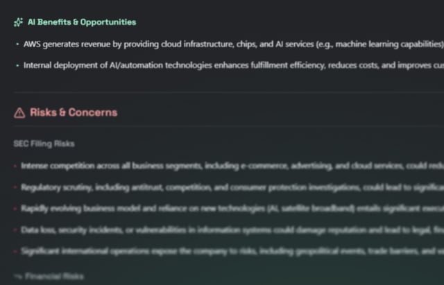 Screenshot of AI SEC Summaries feature showing 10-K and 10-Q filing summaries